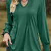 Long Sleeve Tuck Stitch Green Split Neck Blouse