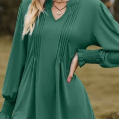 Long Sleeve Tuck Stitch Green Split Neck Blouse 7 Long Sleeve Tuck Stitch Green Split Neck Blouse -Rosewe Online Store 340856 P 1692939964584