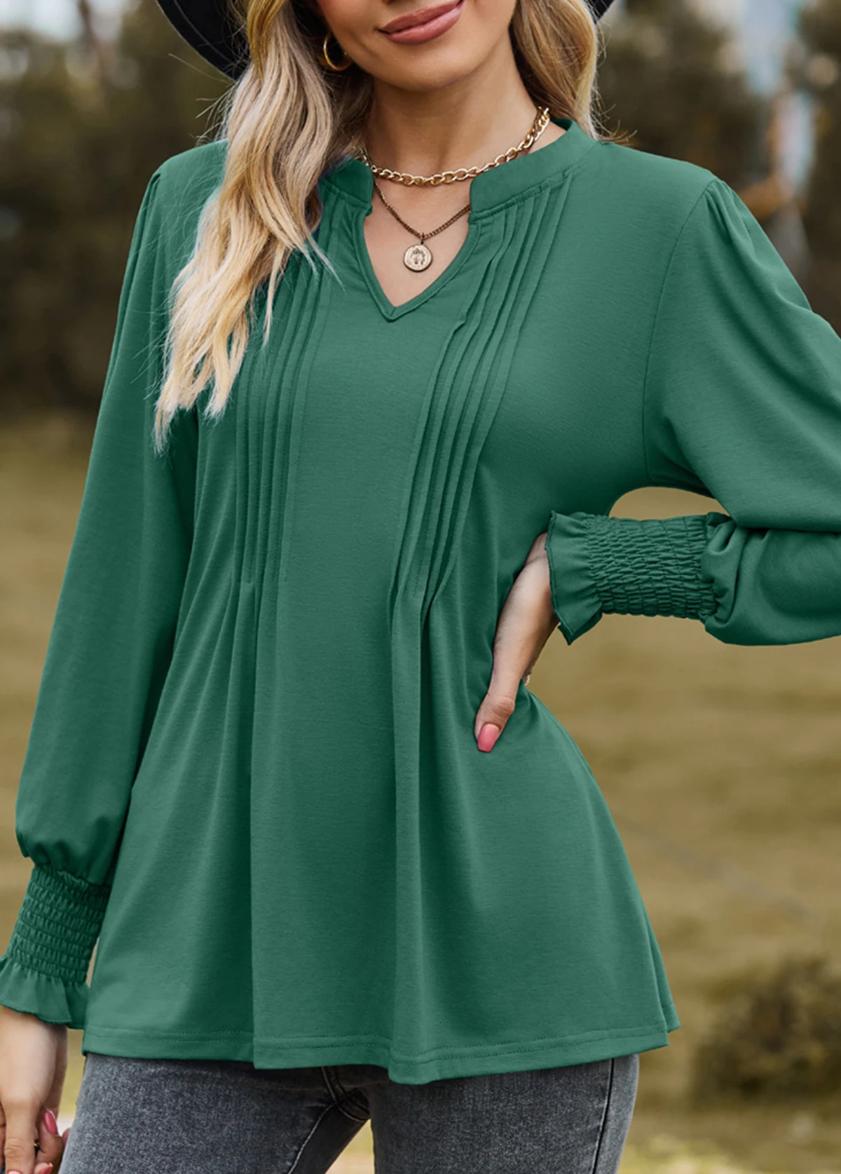 Long Sleeve Tuck Stitch Green Split Neck Blouse 3 Long Sleeve Tuck Stitch Green Split Neck Blouse - Image 3