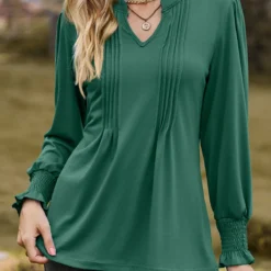 Long Sleeve Tuck Stitch Green Split Neck Blouse 9 Long Sleeve Tuck Stitch Green Split Neck Blouse -Rosewe Online Store 340856 P 1692939965342