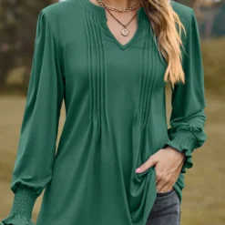 Long Sleeve Tuck Stitch Green Split Neck Blouse 8 Long Sleeve Tuck Stitch Green Split Neck Blouse -Rosewe Online Store 340856 P 1692939965418