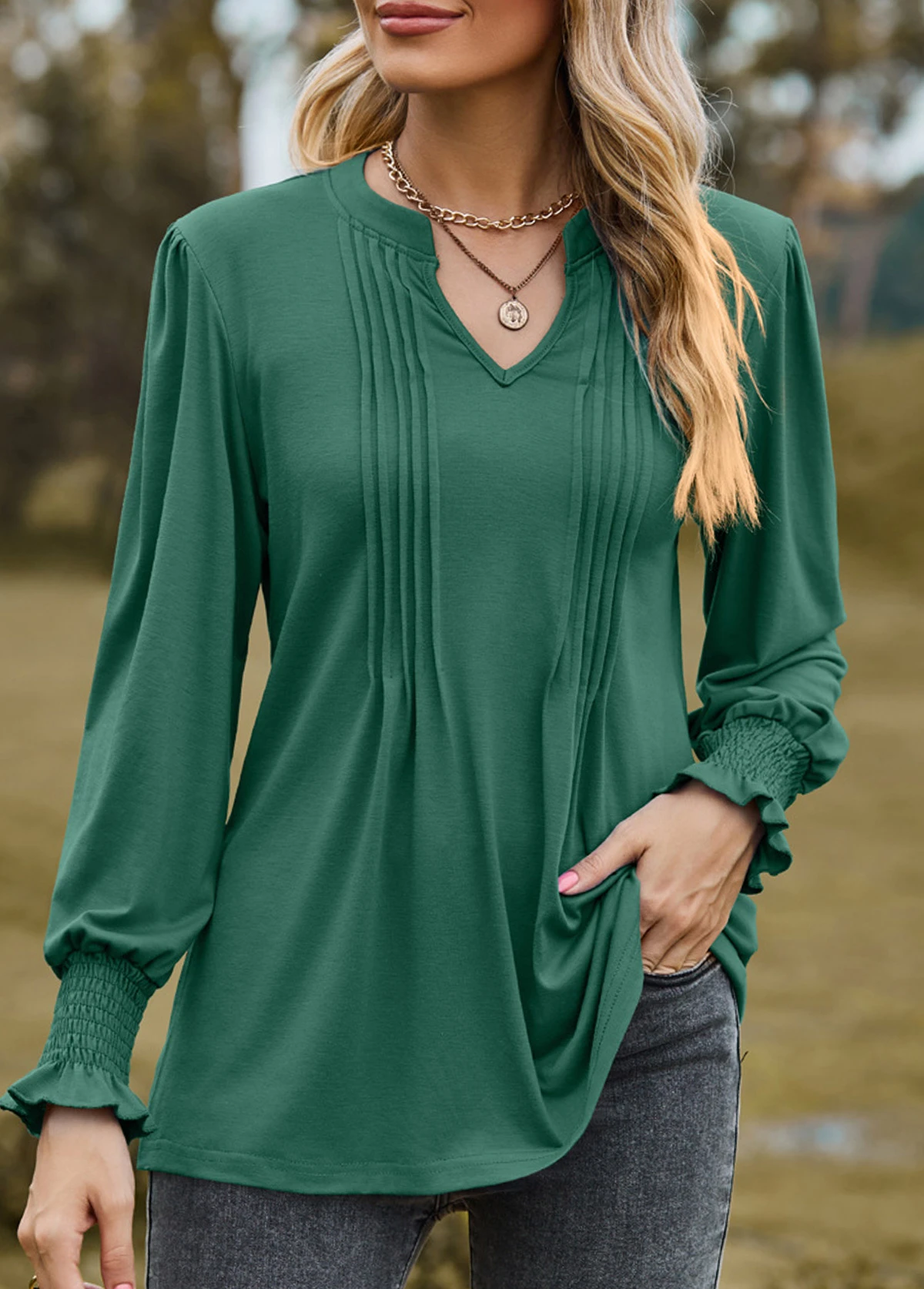 Long Sleeve Tuck Stitch Green Split Neck Blouse 4 Long Sleeve Tuck Stitch Green Split Neck Blouse - Image 4