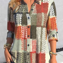 Geometric Print Button Multi Color Shirt Collar Blouse