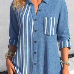 Denim-effect Print Patchwork Denim Blue Shirt Collar Blouse