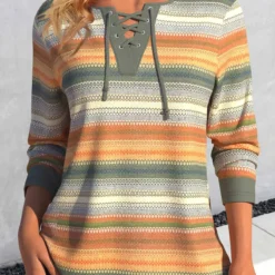 Striped Lace Up Multi Color T Shirt