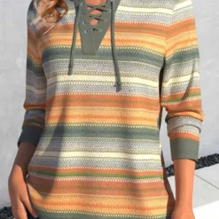 Striped Lace Up Multi Color T Shirt -Rosewe Online Store 341307 P 1692869366512