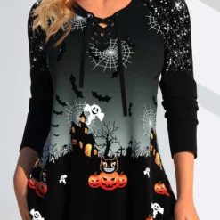 Halloween Print Patchwork Black T Shirt