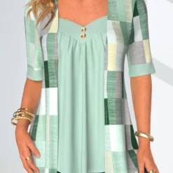 Geometric Print Fake 2in1 Mint Green Blouse