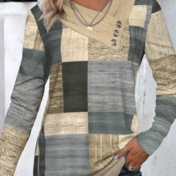 Geometric Print Button Multi Color T Shirt